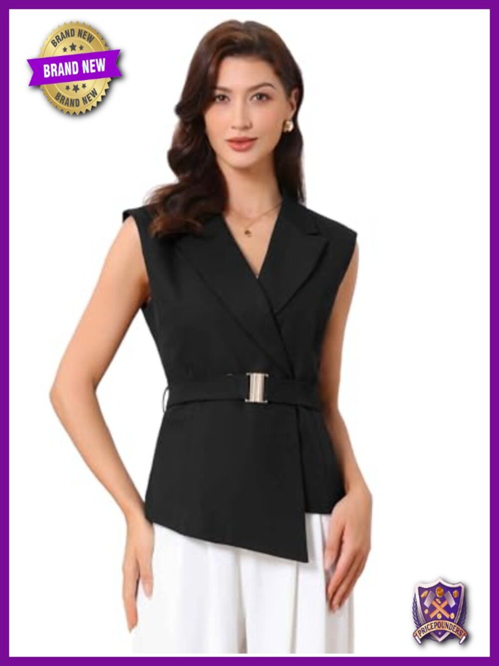 Sleeveless Belted Blazer Vest Business Casual Asymmetrical Hem